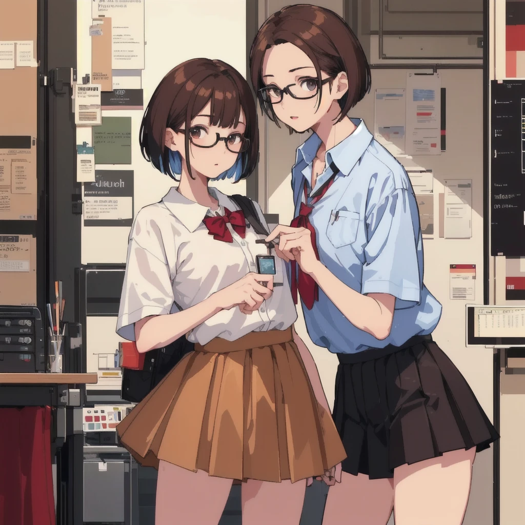 2girls,
1girl wearing round thick frame glasses, brown hair in twin braids, student uniform with short skirt, 1girl with black bob haircut, short hair to shoulders, oversized short top that exposes shoulders and chest, short shorts, (best quality,4k,8k,highres,masterpiece:1.2),ultra-detailed,(realistic,photorealistic,photo-realistic:1.37),highqualitydetails,highqualityfabric,studio lighting,vibrant colors,warm color tones,natural lighting