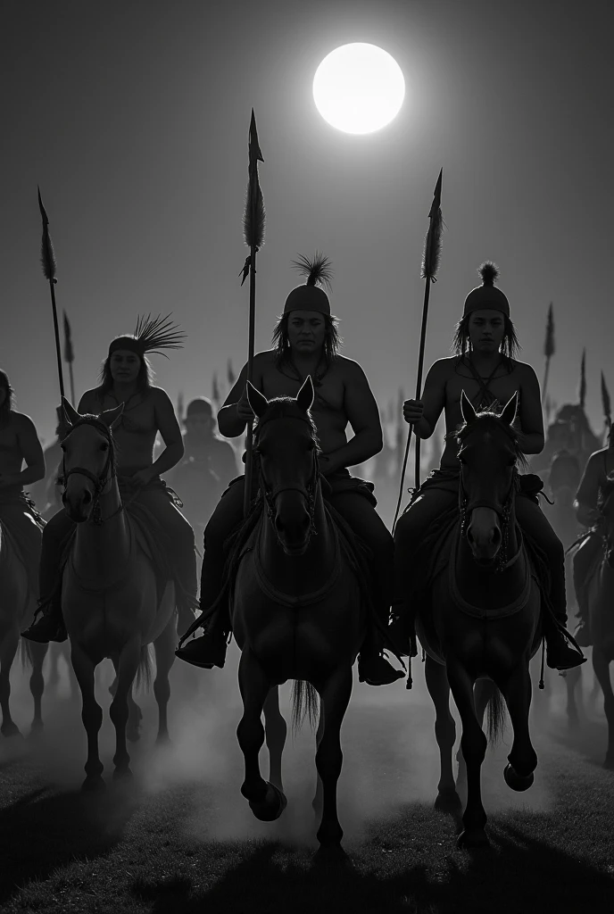 In this black and white photo, a group of individuals are seen riding horses in the night. The scene depicts a captivating nighttime adventure with multiple people on horseback. The image showcases a diverse group of riders, some with spears and feathered headdresses, adding to the sense of mystery and excitement. The riders are dressed in traditional attire, evoking a sense of cultural significance. The atmosphere is enhanced by the darkness of the night, creating a dramatic and immersive experience. This image captures the essence of a thrilling and adventurous horseback ride under the moonlit sky.
