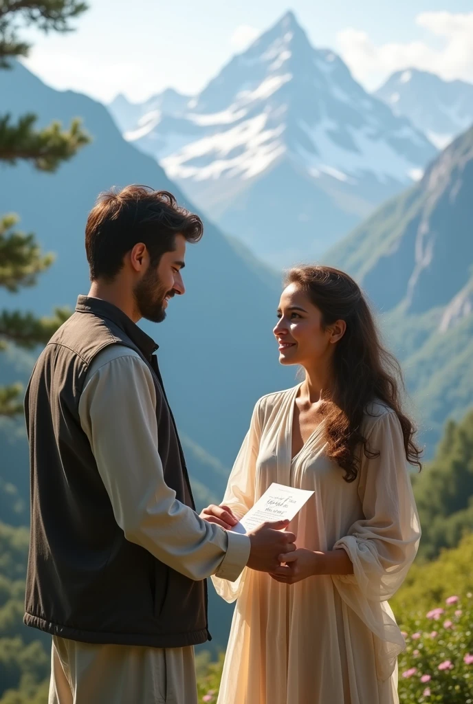 A beautiful girl holding a paper and write on it "will you marry me ismail " in front of a beautiful man in mountain of paksitan