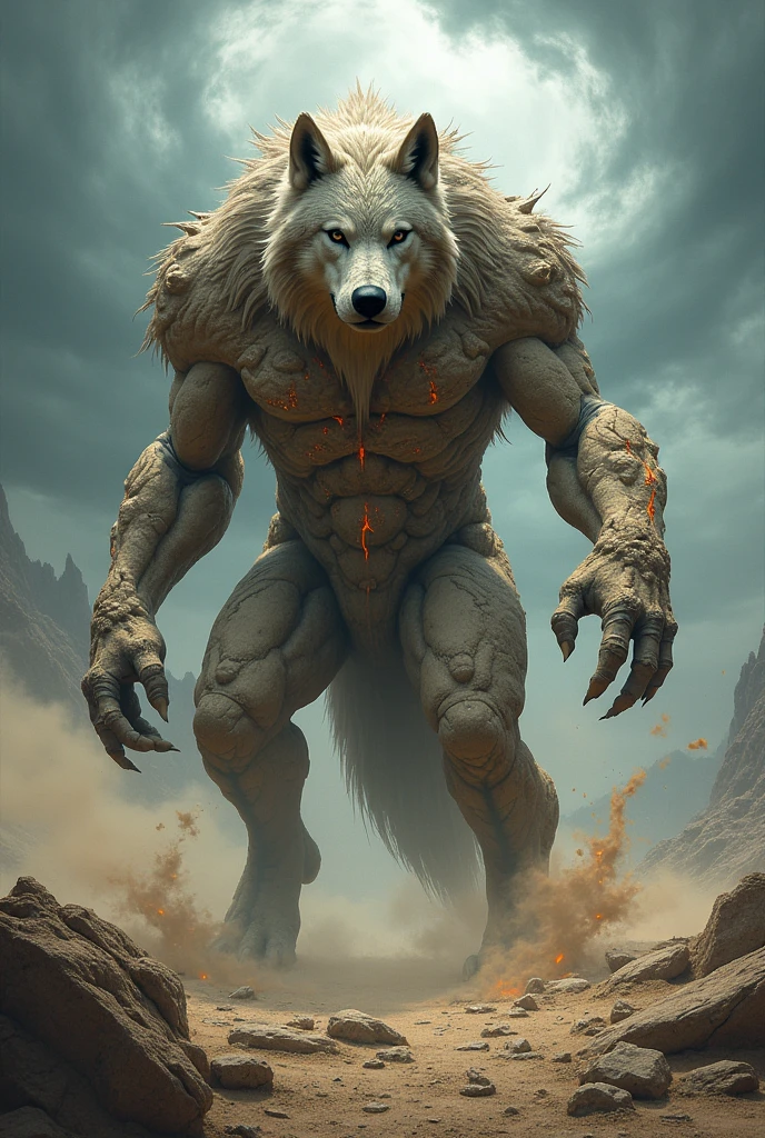 A wild wolf with a body made of stone and sand and earth element