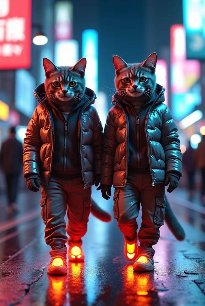 {Two ultra-realistic cats dressed in stylish metallic jackets and cargo pants, confidently striding down a futuristic urban street, surrounded by neon lights and billboards, a slight smirk on their faces resembling a human smile, nighttime setting, reflections of lights on wet pavement, photorealism, hyper-detailed fur, high fashion streetwear, glowing shoes, detailed textures, HDR rendering, 8k resolution, cinematic lighting, shallow depth of field, vibrant, sharp focus, background blur, cyberpunk environment, ultra-realistic lighting effects.}