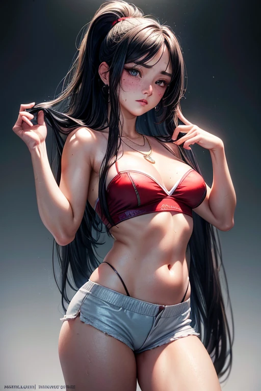 Kaori, Single model, solo, half Asian, half Latino, very long straight black hair, high ponytail, freckles, blushing, wet eyes, long chain pendant, very large heavy breasts, chubby, belly, stretchmarks, (best quality,4k,8k,highres,masterpiece:1.2),ultra-detailed,(realistic,photorealistic,photo-realistic:1.37),detailed portrait, cinematic lighting, natural skin texture, intricate details, dramatic colors, moody atmosphe1qqq1qre, heavy eye shadow, mascara, white tube top, small red lycra shorts