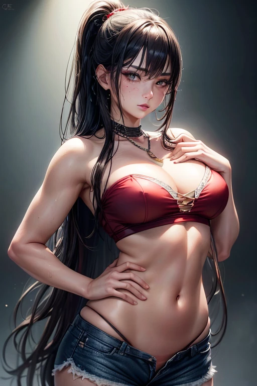 Kaori, Single model, solo, half Asian, half Latino, very long straight black hair, high ponytail, freckles, blushing, wet eyes, long chain pendant, very large heavy breasts, chubby, belly, stretchmarks, (best quality,4k,8k,highres,masterpiece:1.2),ultra-detailed,(realistic,photorealistic,photo-realistic:1.37),detailed portrait, cinematic lighting, natural skin texture, intricate details, dramatic colors, moody atmosphe1qqq1qre, heavy eye shadow, mascara, white tube top, small red lycra shorts