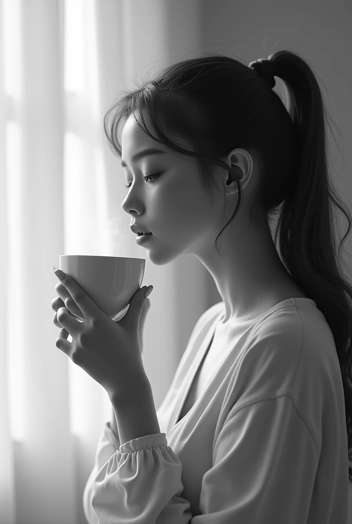 A pretty girl with a coffee cup drinking side profile in black and white monochrome