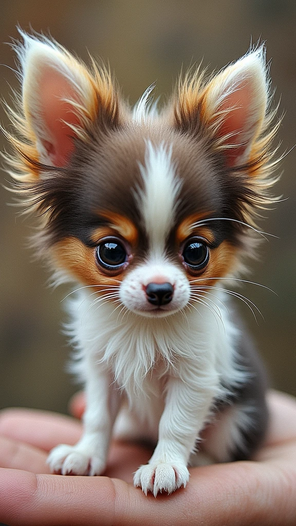 The world&#39;s smallest Papillon, （fur white&Sable）Resting on someone&#39;s finger, is definitely cute and attractive. This picture is very realistic、Accurately captures the subtle characteristics of small dogs。.