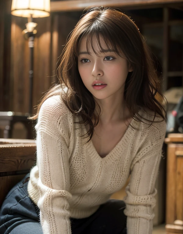 Tabletop、(masterpiece:1.5),
(8k, Photorealistic: 1.4, RAW Photos, Best image quality: 1.4),
Japanese Idols、Super detailed face、Attention to detail、Genuine、
double eyelid、Big and attractive eyes,Perfectly beautiful eyes、 Sharp focus:1.2、Beautiful woman:1.5、
Light brown hair、 Highest quality、masterpiece、Ultra-high resolution、Depth of written boundary、Perfect Shadow、(Photorealistic:1.4)、
Highly detailed and professional lighting、
Perfectly shaped、Symmetrical face、beautiful girl,Sharp focus, Perfect Anatomy,Moist eyes、Embarrassed face、blush、Glossy lips、Realistic Light、sweater、Open legs、In the crotch of crab、Crouching、Hanging from the ceiling by the hand、Hands are tied、Abandoned factories in Japan、Browsing Caution