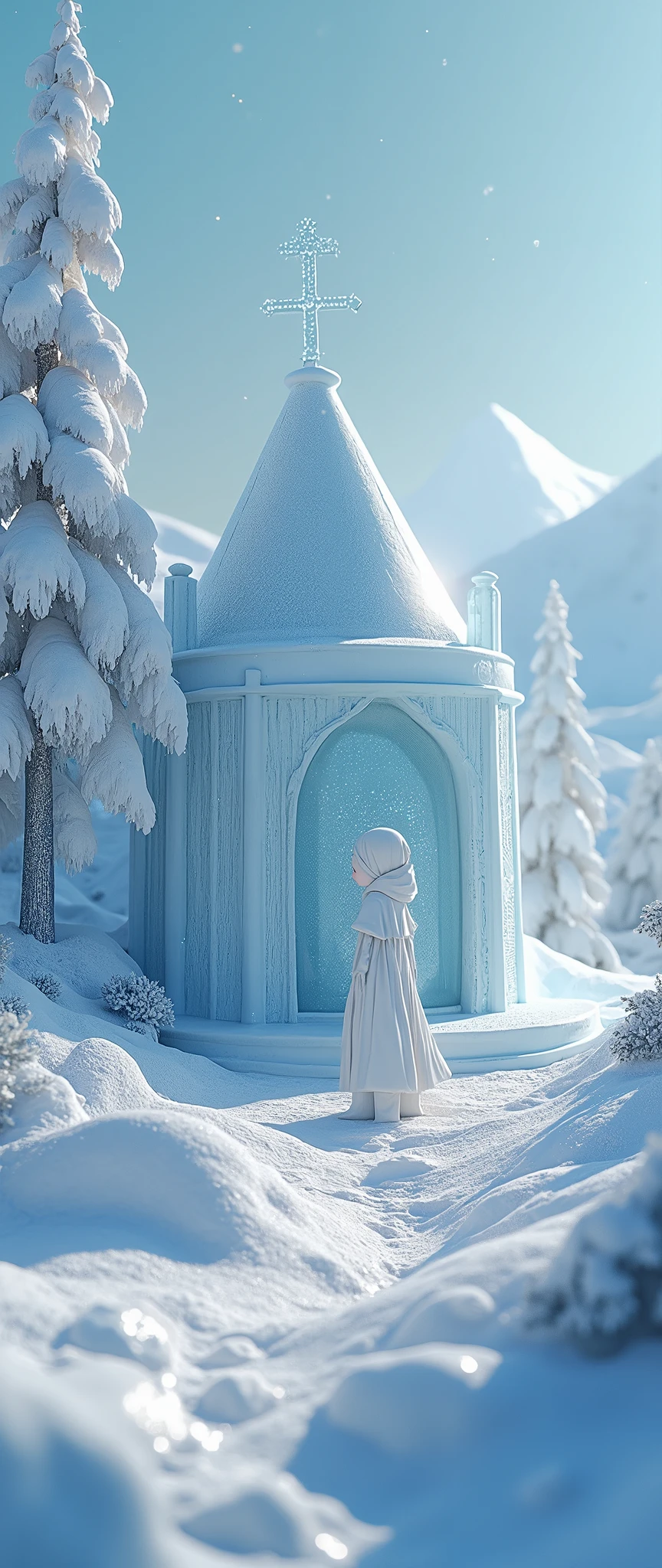 (masterpiece:1.2,Exceptional Quality,mirror-like,Cinematic Experience,Photorealistic,RAW Photos,Super detailed),8k,wallpaper,,(Diamond dust:2.0),(Made of ice:2.0),Cute ice house,(Snow glow:2.0),Artistic,Light of the sun,Isometric 3D diorama,A man made of snow