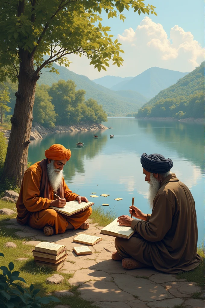 Old age sikh people writing book on lake ਸ਼ੋਰੇ