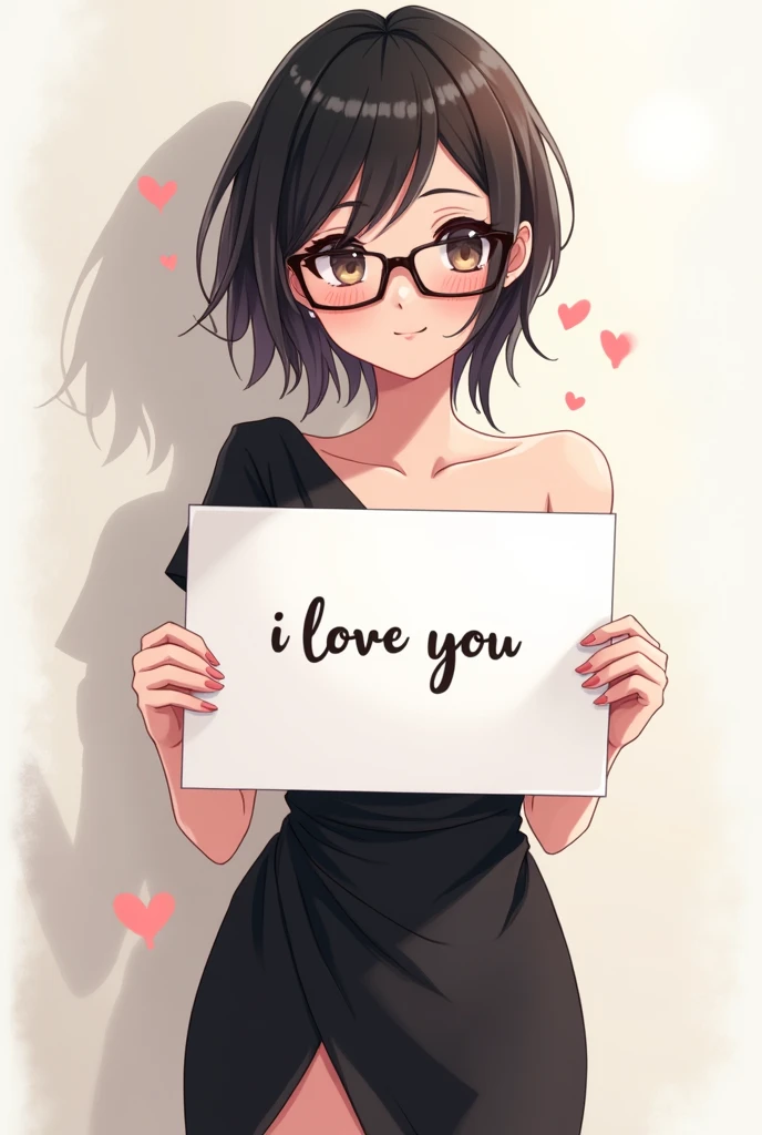 Beautiful girl short long hair with glasses, Asymmetrical black Dress, holding a white board with text "I Love You",With a large breasts:86 meters,Anime art