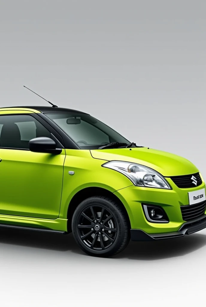 A car , company : Maruti Suzuki, model: Zen estilo, make: 2009, body lime green color , top roof black color. With rain guard and spoilers Create the image. Use side angle view from front side . Must sure the model is ZEN ESTILO 2009