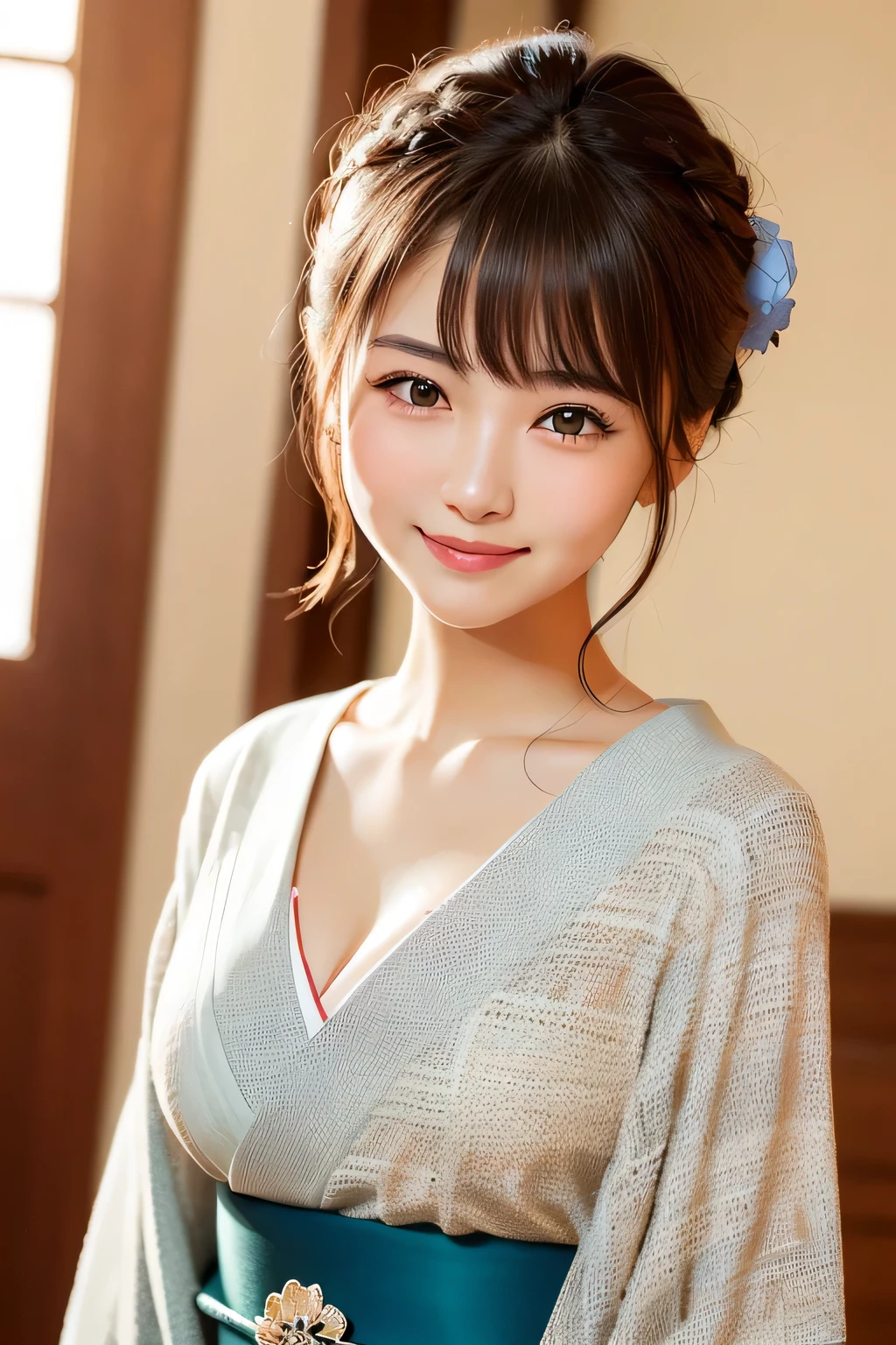 (highest quality:1.5)、(Real:1.5)、(1 person:1.5)、Medium Shot、(Very detailed)、(High resolution)、8k、Small breasts、Natural color lip、Cute smile、Japanese women、20 year old girl、Thin eyebrows、Beautiful and elegant face、Cute face、Cute eyes、Big eyes、Big Eyes、Fair skin、Beautiful and elegant face、Natural Bangs、Beautiful and thin nose、 Beautiful Skin、Medium Bob Hair、Natural Bangs、Perfect and beautiful facial features、Slim face and figure、(Looking at the camera with a cute expression)、(Bright lighting)、Professional Lighting、(Lighting from the front)、Adorable smile、cute、Beautiful cleavage、Simple Background、Japanese-style room、Beautiful clavicle、Graceful pose、Kimono with long-sleeved kimono、Cutekimono with long-sleeved kimono、(cutekimono)、(cutekimono)、Beautiful clavicle、Upper Body、Beautiful cleavage、Beautiful Japanese pattern kimono、Cute Japanese pattern obi、kimono、(Large Breasts:1.3), (Slim Body:1.3),