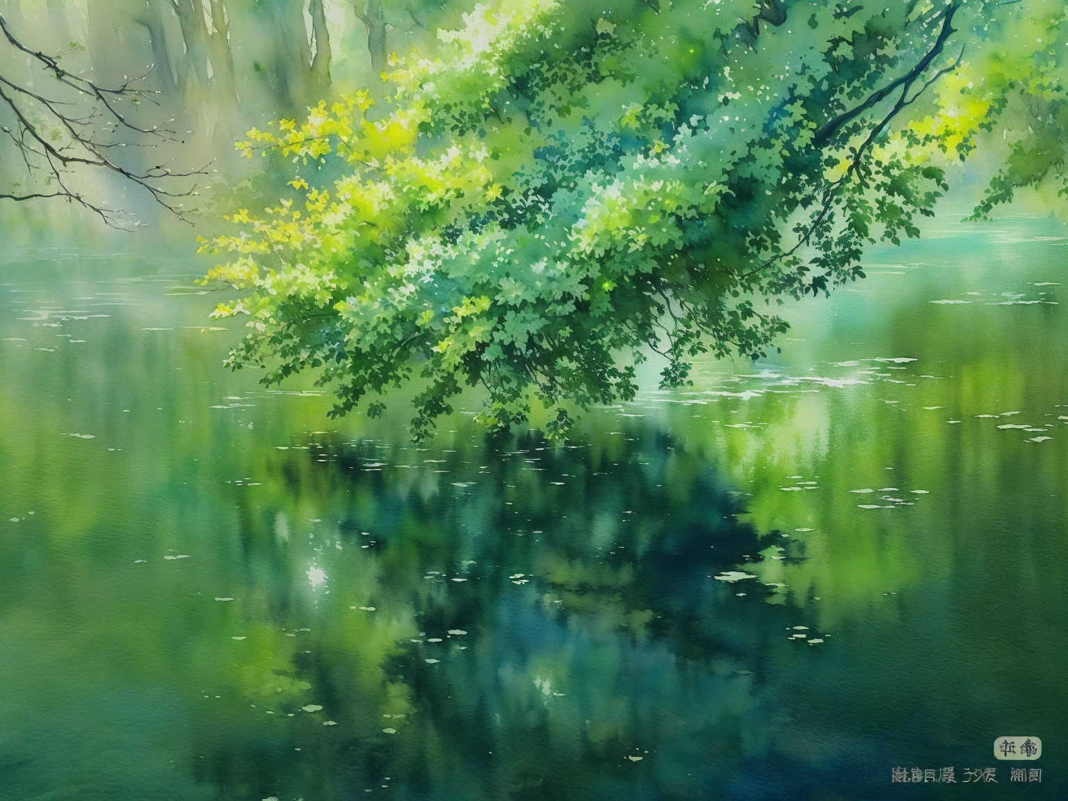 painting of a tree over a body of water with a reflection, water painting, hiroya oku painterly, highly detailed water colour 8 k, highly detailed water colour 8k, semi realistic gouache painting, detailed watercolor painting, nature painting, detailed soft painting, green waters, inspired by Ryōhei Koiso, by Pu Hua, watercolor painting underwater