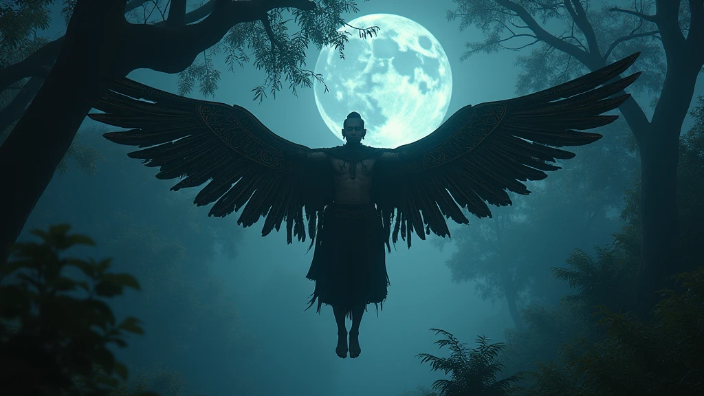 A strange man with Khmer eyes has wings flying in the forest at night 8k