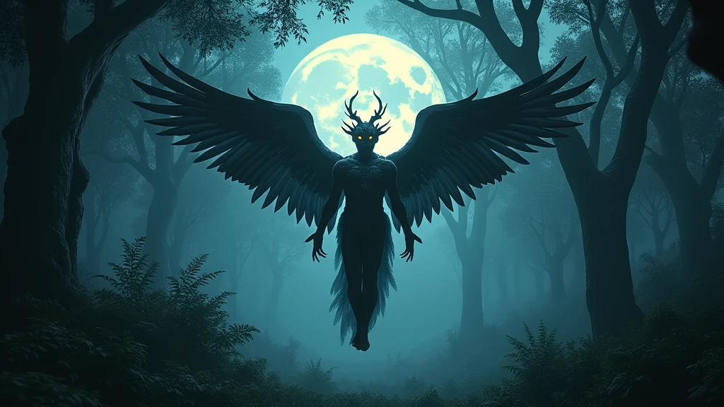 A strange man with Khmer eyes has wings flying in the forest at night 8k