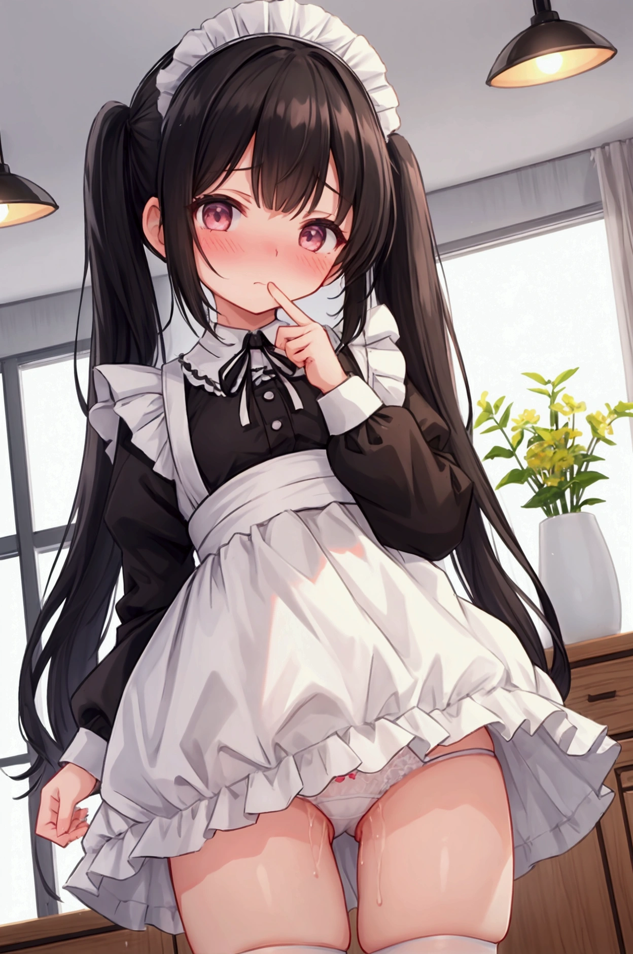 Girl、Black Hair、Pigtails、Embarrassed、blush one's cheeks、Maid clothes、Maid headdress、from the front、leg up、White lace panties、pussy juice、indoor