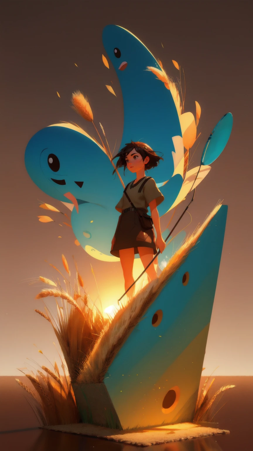 Create a 3D cartoon character of a beautiful girl fishing in a hole with a giant box, set against a brown background. The illustration should be epic and detailed, resembling a Pixar-style warrior made of wheat bread. The scene is inspired by Chris LaBrooy, with influences from cereal mascots, Cyril Rolando, and Goro Fujita. The artwork should look like a promotional render for a 3D animated movie, with a strong focus on the brown background. Make sure the style is trendy on Behance 3D art.