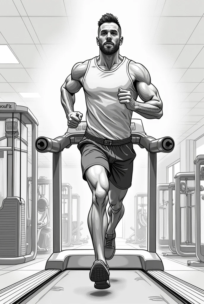 drawing of a man with a normal physique running on the treadmill at a gym called youfit
