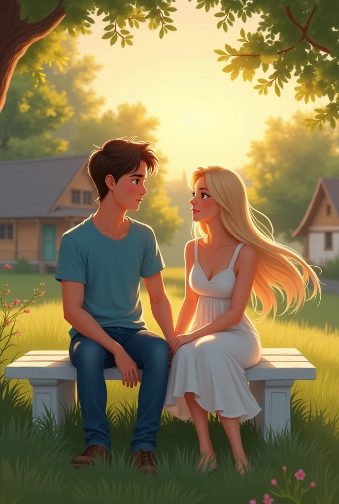 A handsome young man of twenty sits on a white bench, his fair complexion complemented by his dark brown hair and brown eyes. He wears a simple blue t-shirt and denim jeans, exuding a casual charm. Beside him, a young woman of the same age, with fair skin and long, straight blond hair, dons a white sleeveless dress that flutters slightly in the evening breeze. They hold hands, their fingers intertwined, as they share a serene moment together. The village setting around them is bathed in the warm, golden light of the setting sun, casting a gentle glow over the lush green grass that surrounds the bench.