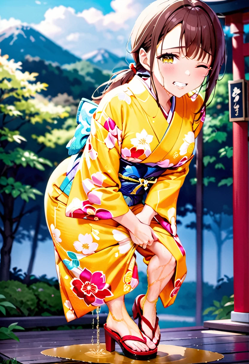 NSFW, (masterpiece, top quality, best quality, highly detailed:1.6), anatomically correct, (full body), wide shot, long shot, (Knee rubbing:3), (leaning forward, Hold the crotch area over the clothes:2), (standing:2), (((clutching crotch))), (woman standing in the shrine, outdoor), (Vivid colors kimono, Maxi Length, Extremely wet with pee:2.5)),strong facial expression, (sharp eye:1.2), (scowl:1.1), (embarrassed,blush:1.3), (steam:2.5), (Wet:1.1), (sweat:1.1), (trembling:1.3), (open mouth, wavy mouth:1.7), (clenched teeth:2.3), (Drooling from the mouth:0.7), (half open eyes:2.5), (Close one eye, Winking:3), (tears:3), (feeling weak:1.5), (bravery crying, sobbing:1.5), (shoot from front:1.2), (Red sandals:2), (long hair, Dark Brown hair, low ponytail:1.5), (woman trembling with sexual climax:1.5), colorful, perfect composition, (Touching the crotch:1.7), urination, incontinence, piss, peeing self, A lot of pee, (((pee stream))), (pee puddle), Wetting herself, peeing, blush, trembling, embarrassed, large breasts, Yellow pee, ((leaking pee)), Shaking one's shoulders, Breaking a sweat on forehead, Pee spread on the floor, (Pee stains), Full bladder, ((Pee-soaked kimono)), natural makeup,Pee dripping from kimono,(Kimono with big urine stains),