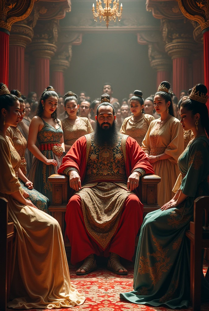Genghis Khan with his various ethnic concubines in his harem