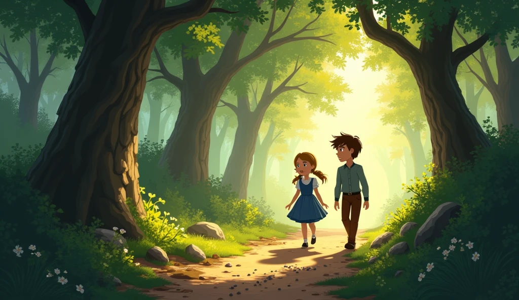 Hansel and Gretel. Early morning departure, forest path, Hansel looking back, scattering pebbles.