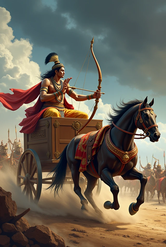 Krishna riding the chariot while Arjun is aiming for the enemy with a bow and arrow