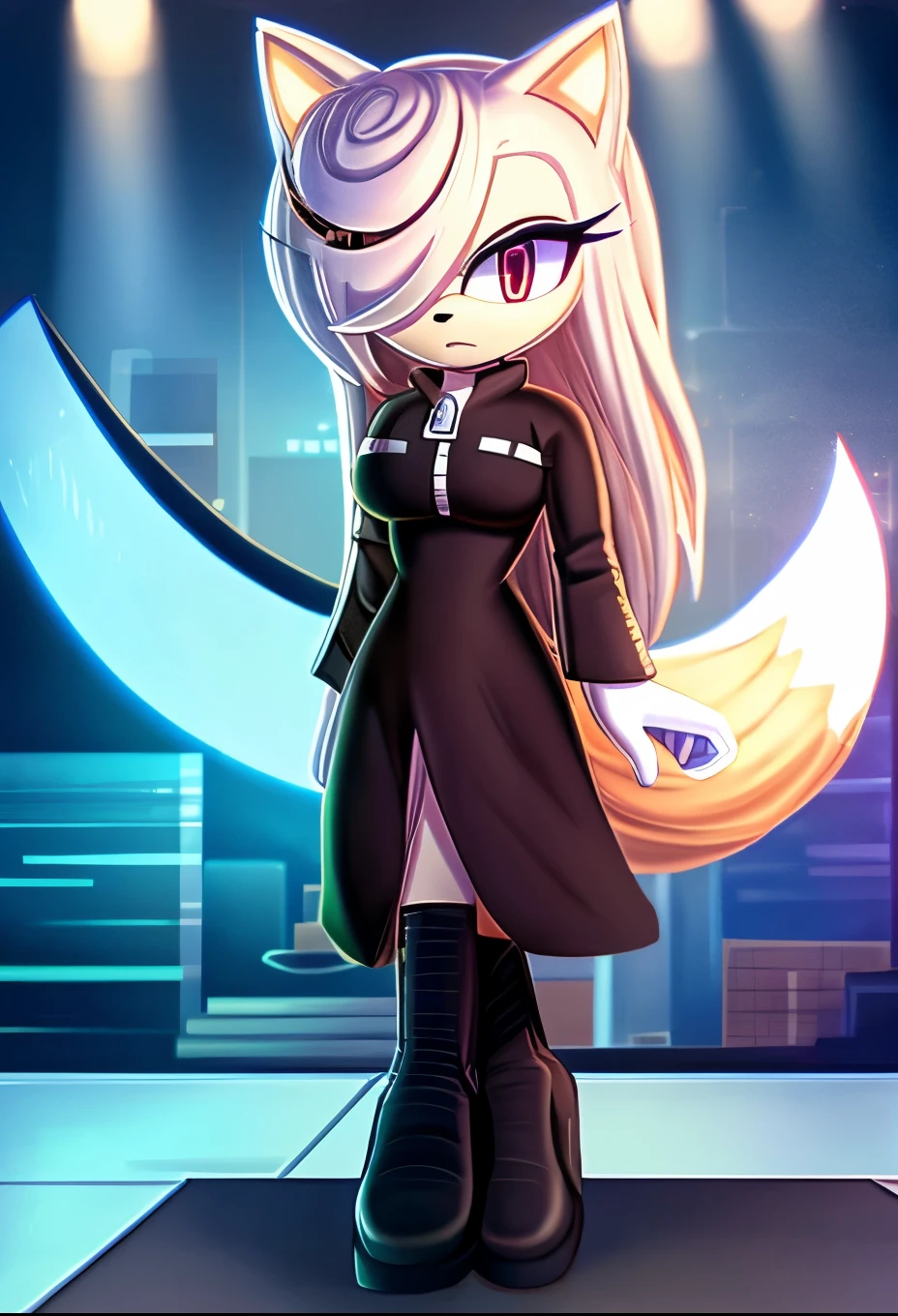 sageai, female, Female Kitsune, ((Sage as a Mobian Kitsune)), white fur, fox ears, ((long hair)), ((lower back length hair)), white hair, multicolored hair, (hair over one eye), red eyes, (fox-like tails), ((black dress)), (full skirt black dress), ((white zipper-like stripe down center of dress)), standing, blank expression, emotionless, ((lab background)), medium breasts, (long sleeves), eggmaam styled black dress, eggmaam cosplay, eggmaam uniform, black pants with boots attached, Eggmaam styled boots, daytime, (mobian), Mobius city, solo, 1girl, score_9, score_8_up, score_7_up, ((Masterpiece)), high quality, studio quality,
