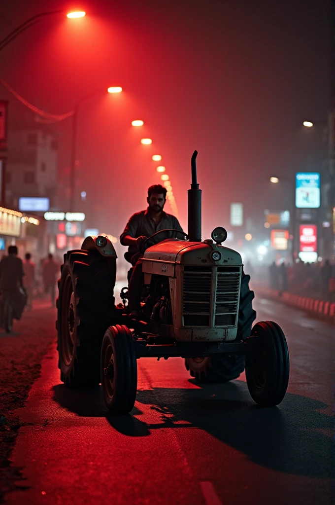 One tractor in delhi with red street light