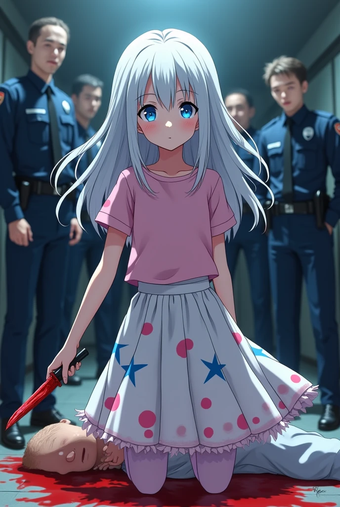 I want an anime girl that has blue eyes white hair very pale skin happy with a smiling face with pink clothes pink shirt and pink pantyhose and with a white skirt with pink dots and blue stars on the skirt with blood on her clothes and in her hand a knife with which she has blood on her clothes and a dead person in front of her with clothes soaked in blood and many policemen behind her