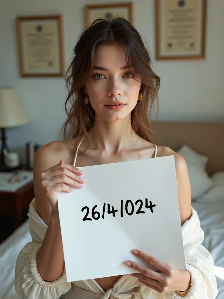 a very beautiful woman taking a selfie in her bedroom. He is holding a white piece of paper in one hand with the date "26/04/024" written on it in bold black ink and it look like real human handwritten. The woman is in a room with light-colored walls, and the background includes some framed items on the wall, possibly certificates or pictures, along with a desk that has various objects, including a lamp and some papers. The lighting in the room is natural, and the woman is looking directly at the camera with a neutral expression.
