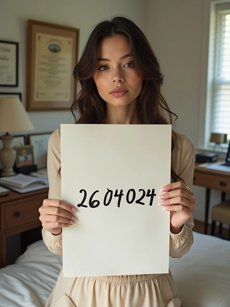 a very beautiful woman taking a selfie in her bedroom. He is holding a white piece of paper in one hand with the date "26/04/024" written on it in bold black ink and it look like real human handwritten. The woman is in a room with light-colored walls, and the background includes some framed items on the wall, possibly certificates or pictures, along with a desk that has various objects, including a lamp and some papers. The lighting in the room is natural, and the woman is looking directly at the camera with a neutral expression.