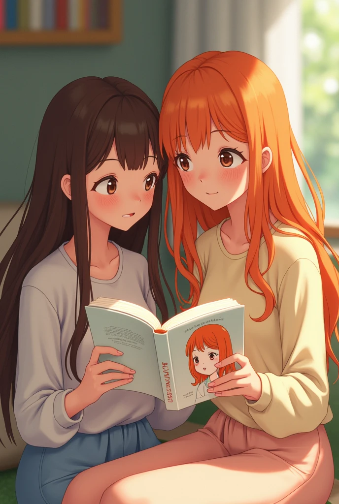 Two anime style softy friends looking at each other one of the girls has long brown hair and the other girl has long orange hair, They are reading a book with their eyes open. The book is white and has on its cover the profile of a girl with orange hair and above the girls reading is the phrase "The Days of April" in Spanish.