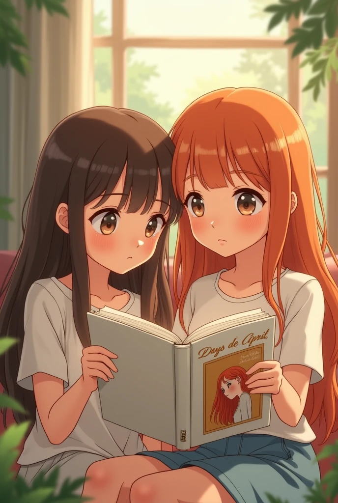 Two anime style softy friends looking at each other one of the girls has long brown hair and the other girl has long orange hair, They are reading a book with their eyes open. The book is white and has on its cover the profile of a girl with orange hair and above the girls reading is the phrase "The Days of April" in Spanish.
