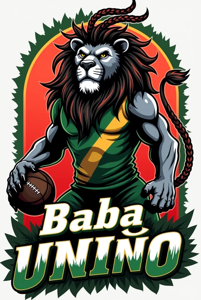 create a logo of a black and white lion with Jamaica style braids in his mane in red and green colors standing dressed in a football uniform on a green and red field holding a football and the name BABA UNIÃO written very large