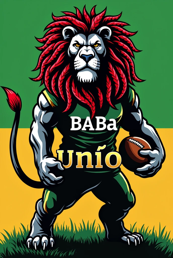 create a logo of a black and white lion with Jamaica style braids in his mane in red and green colors standing dressed in a football uniform on a green and red field holding a football and the name BABA UNIÃO written very large