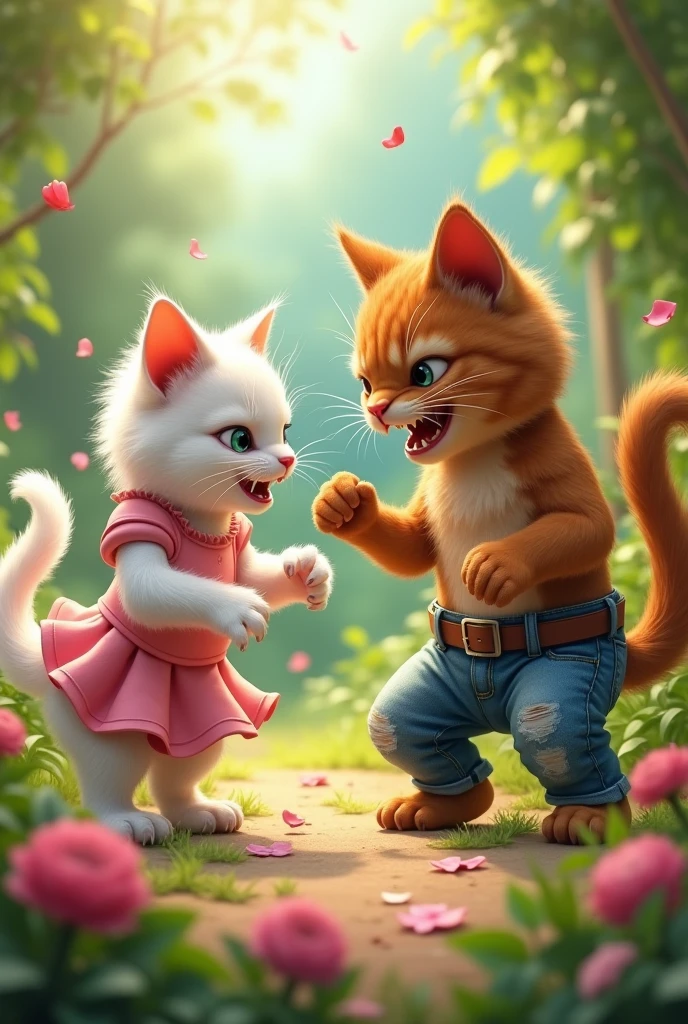 A small white girl cat in pink frock and a small brown boy cat in blue jeans fighting with each other with anger in a garden