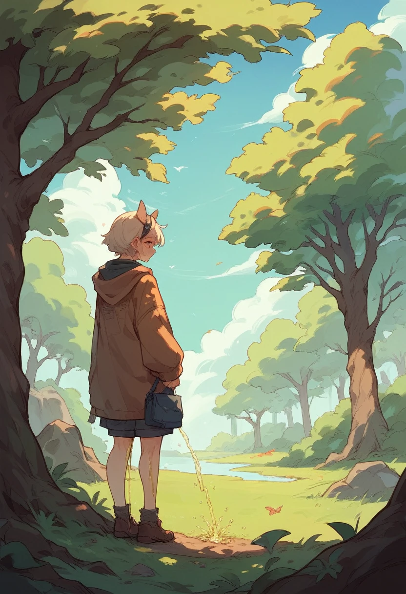 A girl is standing and peeing on a tree