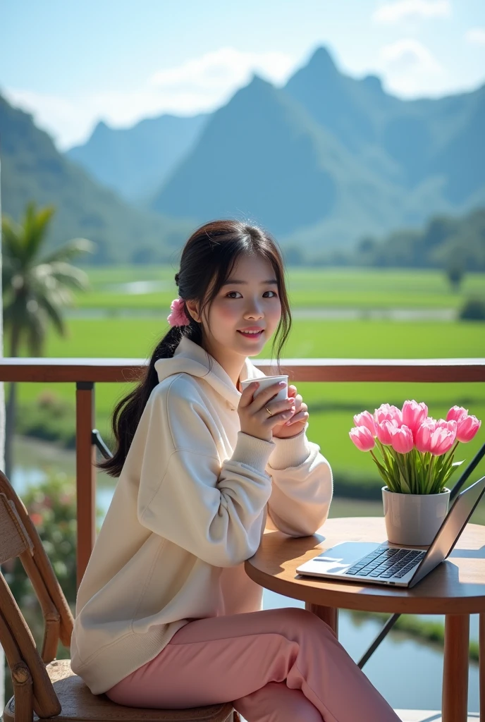 Beautiful Thai girl, smooth white skin, well-groomed face, tied black hair, pink rabbit hair ribbon, light hoodie, rabbit motif., pink trousers, pink furry rabbit shaped sandals, posing facing the camera, sitting on the balcony of a luxury villa while holding hot coffee, on the table there is a pot of pink tulips, and an iPhone laptop, the view from above is very beautiful, exotic countryside, bright blue sky, fertile rice fields, towering mountains and water. waterfall, on the left and right of the villa you can see the river water flowing clearly, there are fish swimming... The original photo is realistic...