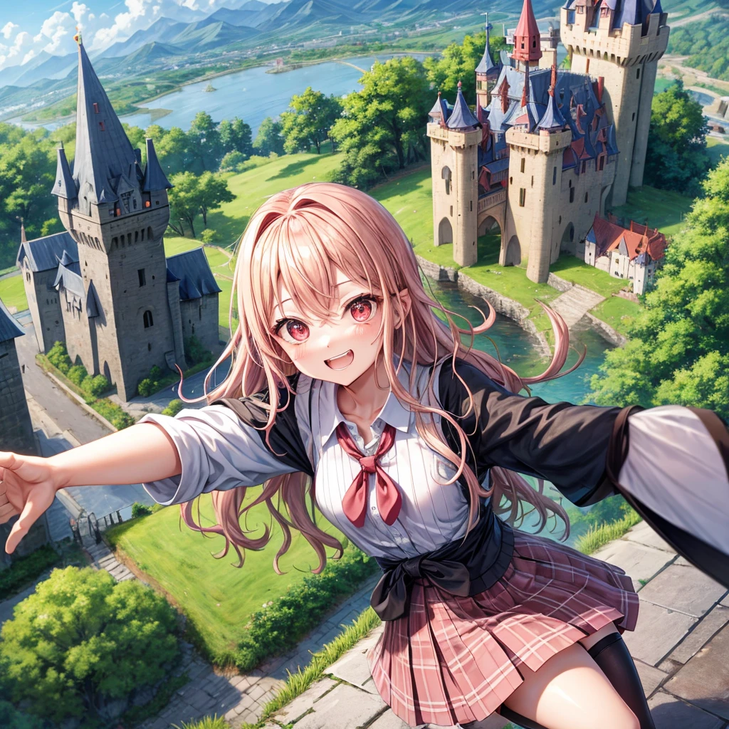 Pink Blonde、Red eyes、Wavy Hair、Hair tied up、Two cute、Checked mini skirt、black t-shirts、cardigan、Knee-high socks、Teeth are visible、Monster Castle、Tilting face、windmill、grass、Stones are growing out of the ground.、In front of the city gates、Underground tunnels、Water flows from the castle、Wooden bridge、The stone is cracked、Ashura Statue、Giant wood