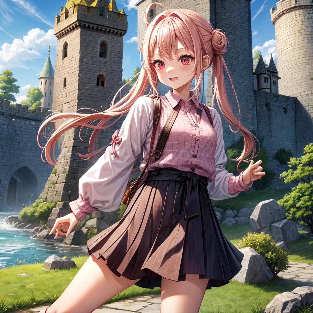 Pink Blonde、Red eyes、Wavy Hair、Hair tied up、Two cute、Checked mini skirt、black t-shirts、cardigan、Knee-high socks、Teeth are visible、Monster Castle、Tilting face、windmill、grass、Stones are growing out of the ground.、In front of the city gates、Underground tunnels、Water flows from the castle、Wooden bridge、The stone is cracked、Ashura Statue、Giant wood