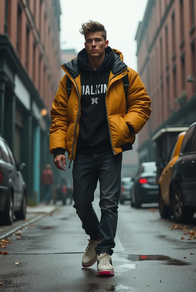 Chav scally lad with puffer jacket and sneakers