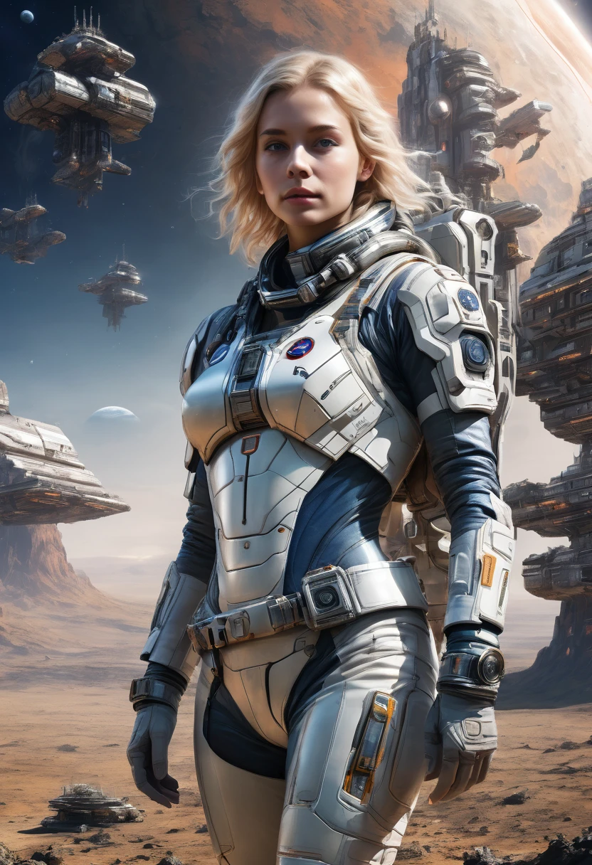 Masterpiece, a beautiful 2 German blonde girl, solitary female astronaut, desolated planet landscape, space and stars, electric atmosphere, utility belt, Metallic Gray Zinc, sci-fi, ultra high res.photorealistic, 16k, UHD, HDR, the best quality, body-tight astronaut suit, intricate, the most fantastic details, RAW, dramatic lighting, full body, space ships in the sky, realistic reflections, sunrise, to scale, lonely, determined, dynamic posture, a space military compound in the background