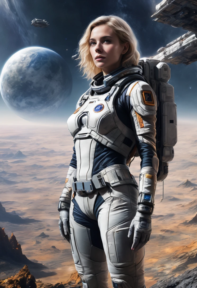 Masterpiece, a beautiful 2 German blonde girl, solitary female astronaut, desolated planet landscape, space and stars, electric atmosphere, utility belt, Metallic Gray Zinc, sci-fi, ultra high res.photorealistic, 16k, UHD, HDR, the best quality, body-tight astronaut suit, intricate, the most fantastic details, RAW, dramatic lighting, full body, space ships in the sky, realistic reflections, sunrise, to scale, lonely, determined, dynamic posture, a space military compound in the background