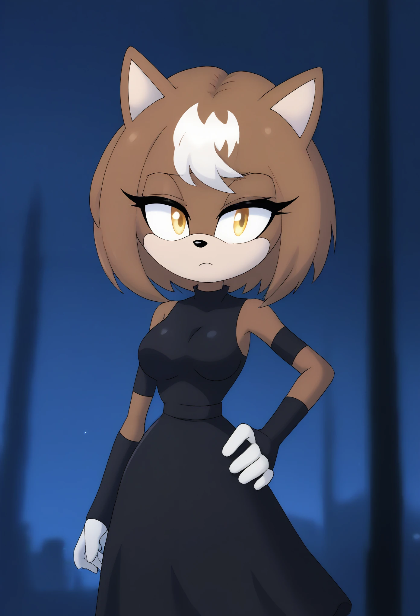 Female red wolf, (great detail), 1girl, solo, brownish burgundy fur, short hair, medium hair, white highlights in hair, fringe-trim styled bangs, amber colored eyes, black dress, high thigh-like dress, dark gray leggings, dusk/night, cloud, (1girl), (solo), outdoors, tree, tired, hand on hip, arm at side, looking to the side, medium breasts, upper body, fringe_trim, standing, eyelashes, mobian, Mobius city