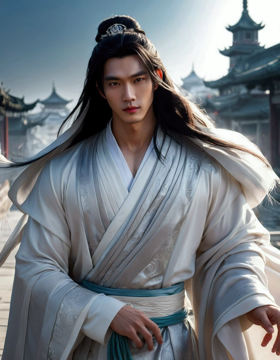 （The perfect blend of clothing：1.37）MALE CHARACTER DESIGN - A CLOSE UP APPEARANCE OF A GENTLE HANDSOME MELANCHOLIC CHINESE MAN CLOSE UP APPEARANCE OF XIE LIAN: 1. Wearing a Modern and Fashionable White Silk Hanfu suit - Silver Hair Ornament - Holding Jade Buddhist Prayer Beads. 2. Has porcelain white skin without gaps - Double eyelids - Clear and bright pupils - Melancholy-beautifully curved black eyebrows - Thin rosy lips & pure white teeth - Xie Lian's overall good looks are soft and beautiful. 3. Body height 180 centimeters - Strong physique and tight muscles - Body similar to a beautiful professional male model. 4. Temperament like a Buddha - Noble and Loving - Simple but Elegant - Beautiful like an Archangel. BACKGROUND: 1. Residence of Ancient Chinese Noble Families in the Modern Era. 2. Nighttime - Softly Glowing Lanterns - Dragon Mystical Beast Flying In The Night Sky. （Male character design）,, Royal Highness the Crown Prince of Xianle - protagonist of Heaven Official's Blessing（Close-up front view of melancholic handsome Chinese man Xie Lian）,（Xie Lian wearing a modern and fashionable men's suit: 1.3）, Leather Xie Lian is bright and flawless,, the bridge of his nose is tall and straight, (long and messy shawl hair：1.1）, double eyelids, bright eyes, big eyes clear and bright, sad prince, food with red lips and white teeth, gentle melancholy, Xie Lian is tall and tall., He has a strong physique, Firm muscles, Fresh and firm stomach, Exquisite facial features, King style, Noble temperament wearing a white robe with silver trim, messy black hair, Wind magic, background: modern urban with skyscrapers