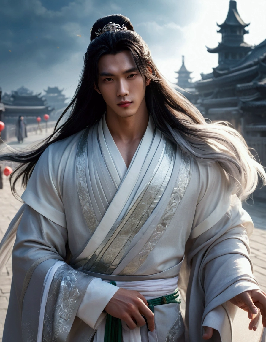(The perfect blend of clothing:1.37)MALE CHARACTER DESIGN - A CLOSE UP APPEARANCE OF A GENTLE HANDSOME MELANCHOLIC CHINESE MAN CLOSE UP APPEARANCE OF XIE LIAN: 1. Wearing a Modern and Fashionable White Silk Hanfu suit - Silver Hair Ornament - Holding Jade Buddhist Prayer Beads. 2. Has porcelain white skin without gaps - Double eyelids - Clear and bright pupils - Melancholy-beautifully curved black eyebrows - Thin rosy lips & pure white teeth - Xie Lian's overall good looks are soft and beautiful. 3. Body height 180 centimeters - Strong physique and tight muscles - Body similar to a beautiful professional male model. 4. Temperament like a Buddha - Noble and Loving - Simple but Elegant - Beautiful like an Archangel. BACKGROUND: 1. Residence of Ancient Chinese Noble Families in the Modern Era. 2. Nighttime - Softly Glowing Lanterns - Dragon Mystical Beast Flying In The Night Sky. (Male character design),, Royal Highness the Crown Prince of Xianle - protagonist of Heaven Official's Blessing(Close-up front view of melancholic handsome Chinese man Xie Lian),(Xie Lian wearing a modern and fashionable men's suit: 1.3), Leather Xie Lian is bright and flawless,, the bridge of his nose is tall and straight, (long and messy shawl hair:1.1), double eyelids, bright eyes, big eyes clear and bright, sad prince, food with red lips and white teeth, gentle melancholy, Xie Lian is tall and tall., He has a strong physique, Firm muscles, Fresh and firm stomach, Exquisite facial features, King style, Noble temperament wearing a white robe with silver trim, messy black hair, Wind magic, background: modern urban with skyscrapers