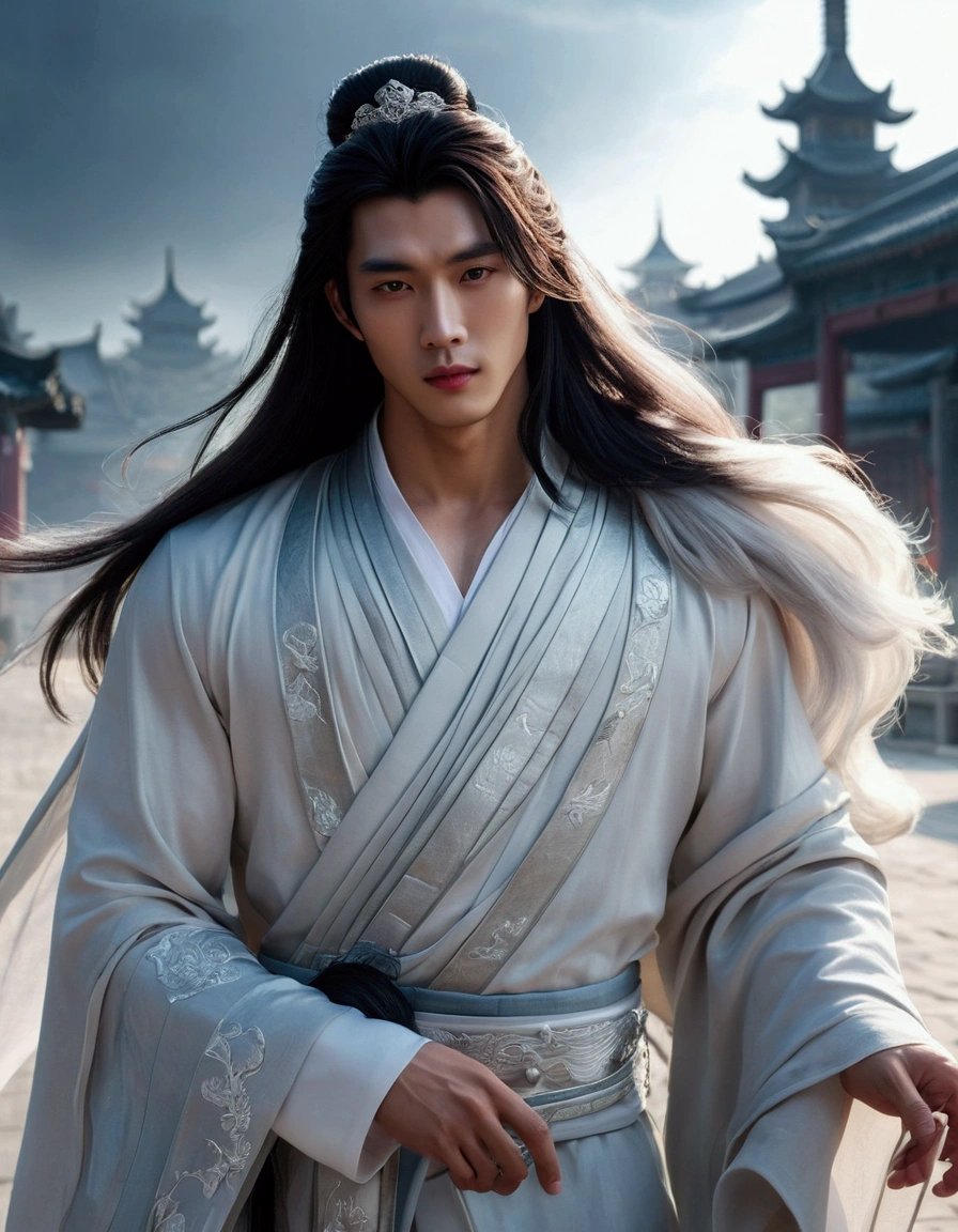 (The perfect blend of clothing:1.37)MALE CHARACTER DESIGN - A CLOSE UP APPEARANCE OF A GENTLE HANDSOME MELANCHOLIC CHINESE MAN CLOSE UP APPEARANCE OF XIE LIAN: 1. Wearing a Modern and Fashionable White Silk Hanfu suit - Silver Hair Ornament - Holding Jade Buddhist Prayer Beads. 2. Has porcelain white skin without gaps - Double eyelids - Clear and bright pupils - Melancholy-beautifully curved black eyebrows - Thin rosy lips & pure white teeth - Xie Lian's overall good looks are soft and beautiful. 3. Body height 180 centimeters - Strong physique and tight muscles - Body similar to a beautiful professional male model. 4. Temperament like a Buddha - Noble and Loving - Simple but Elegant - Beautiful like an Archangel. BACKGROUND: 1. Residence of Ancient Chinese Noble Families in the Modern Era. 2. Nighttime - Softly Glowing Lanterns - Dragon Mystical Beast Flying In The Night Sky. (Male character design),, Royal Highness the Crown Prince of Xianle - protagonist of Heaven Official's Blessing(Close-up front view of melancholic handsome Chinese man Xie Lian),(Xie Lian wearing a modern and fashionable men's suit: 1.3), Leather Xie Lian is bright and flawless,, the bridge of his nose is tall and straight, (long and messy shawl hair:1.1), double eyelids, bright eyes, big eyes clear and bright, sad prince, food with red lips and white teeth, gentle melancholy, Xie Lian is tall and tall., He has a strong physique, Firm muscles, Fresh and firm stomach, Exquisite facial features, King style, Noble temperament wearing a white robe with silver trim, messy black hair, Wind magic, background: modern urban with skyscrapers