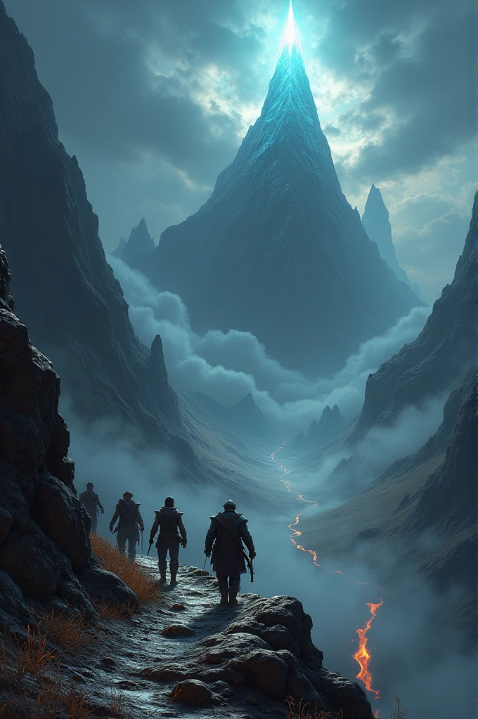 For a combined picture prompt illustrating both stories:

**A dramatic, epic landscape that merges elements of both narratives:**

- **Foreground:** A rugged, treacherous mountain path with a determined group of adventurers (like those from "The Last Climb") struggling through harsh weather, leading towards a distant, radiant summit.
  
- **Midground:** A dark, ominous fortress with swirling mists and molten lava surrounding it, symbolizing the menacing presence of Morgath and the battle between good and evil ("The Shadow of Serath").

- **Background:** A large, ancient crystal glowing with a powerful light, partially obscured by dark clouds, representing the Crystal of Light from "The Shadow of Serath" and the summit from "The Last Climb." The scene includes elements of restoration and hope as the adventurers move towards the summit, and fierce battles against dark forces, capturing the essence of both stories.

This visual blend captures the themes of adventure, struggle, and the battle between light and darkness.
