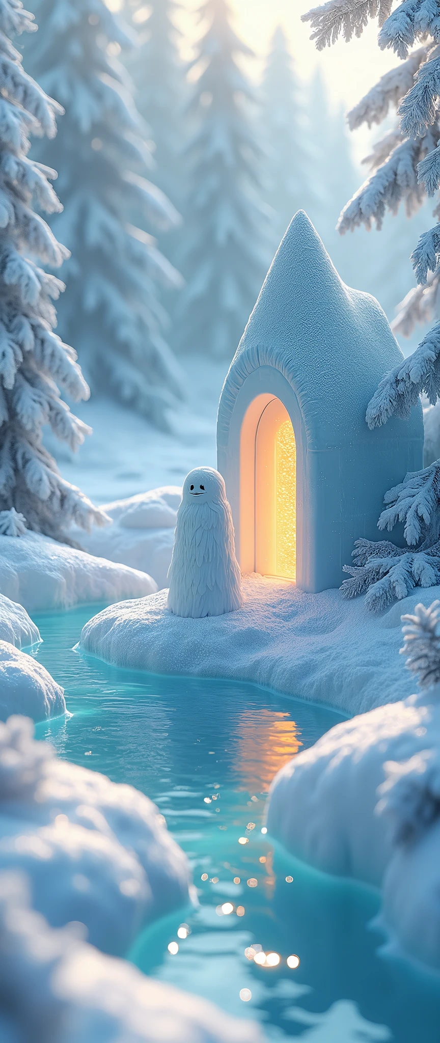 (masterpiece:1.2,Exceptional Quality,mirror-like,Cinematic Experience,Photorealistic,RAW Photos,Super detailed),8k,wallpaper,,(Diamond dust:2.0),(Made of ice:2.0),Cute ice house,(Snow glow:2.0),Artistic,Light of the sun,Isometric 3D diorama,A man made of snow