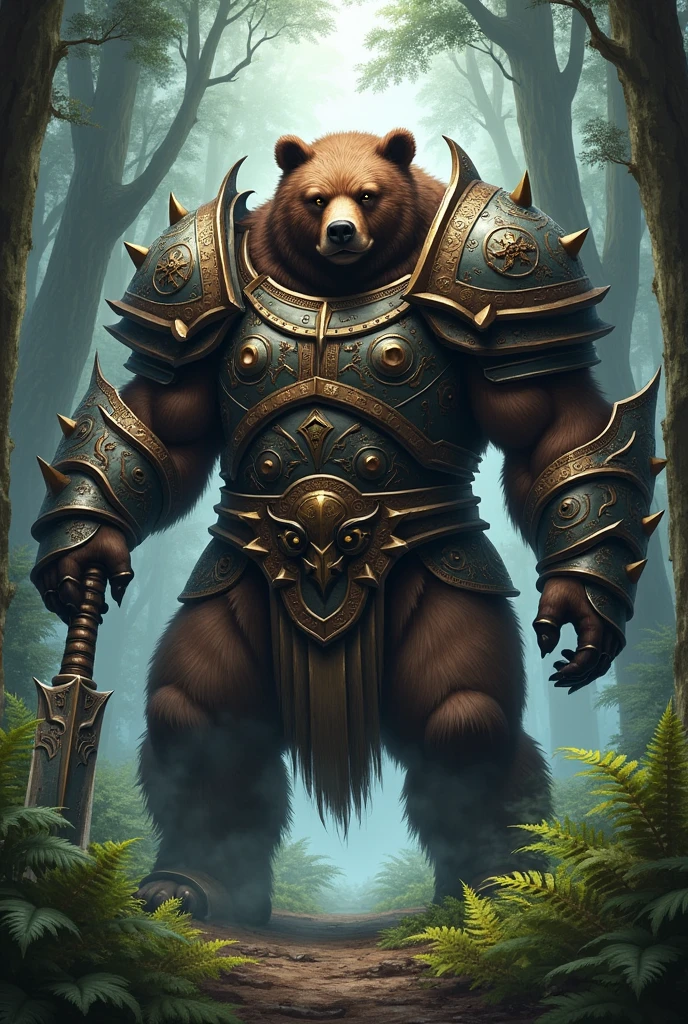 (Detailed) 1 bear, humanoid, in forest, heavy armour, morningstar